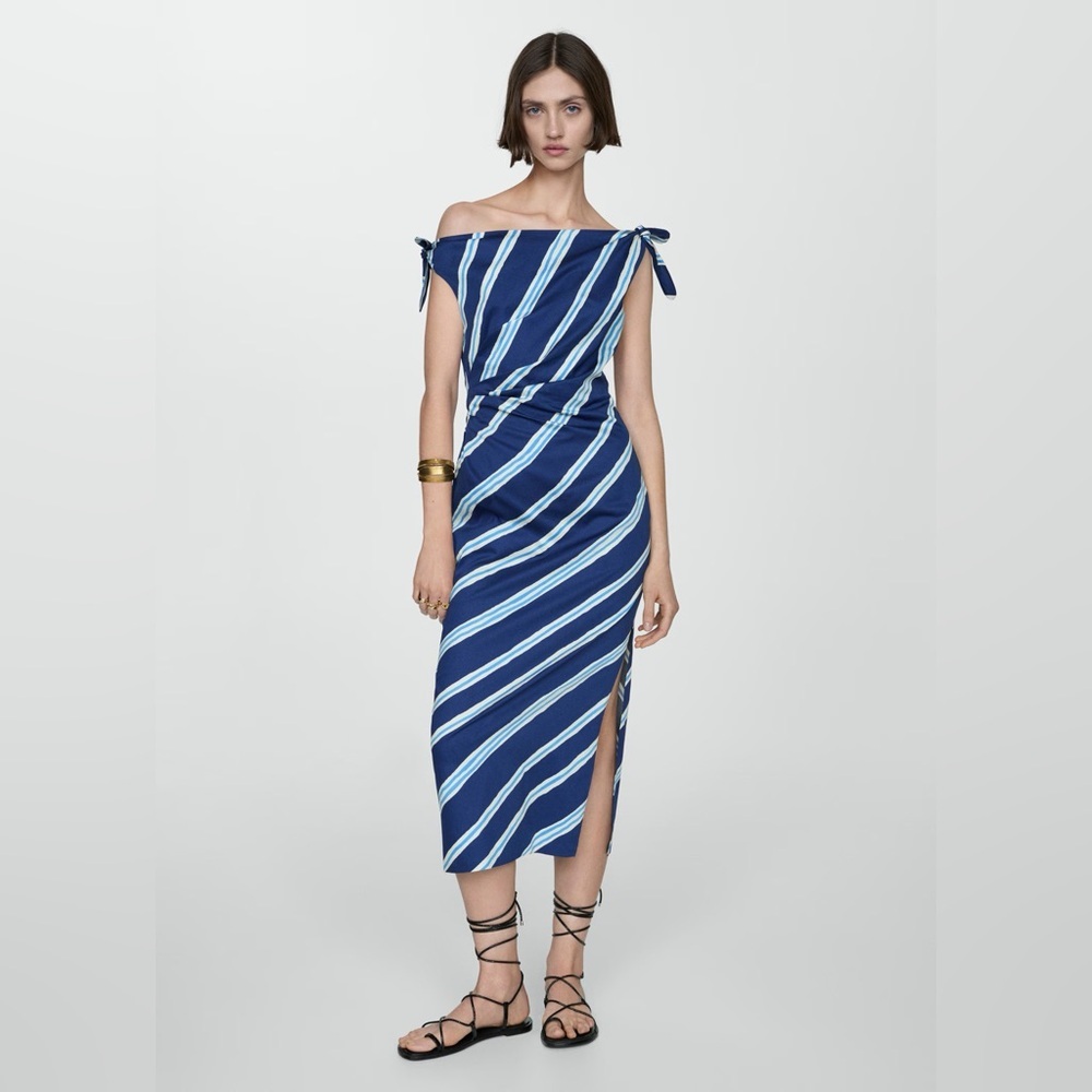 Mango One Shoulder Blue Striped dress with bare shoulders NWT - Picture 3 of 9